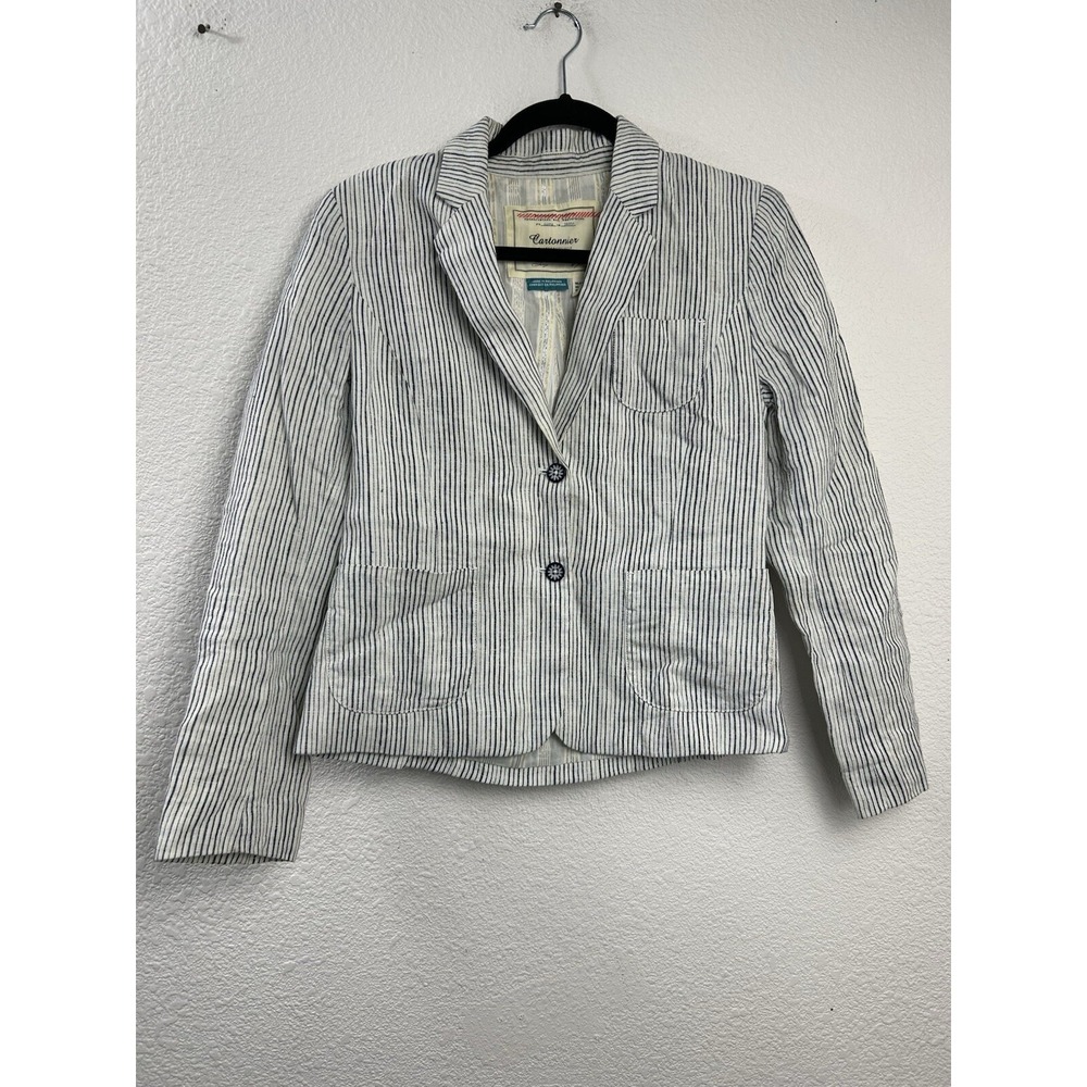 Cartonnier Anthropologie‎ Womens Size 2 Gray Striped Linen Blend Blazer Capsule
